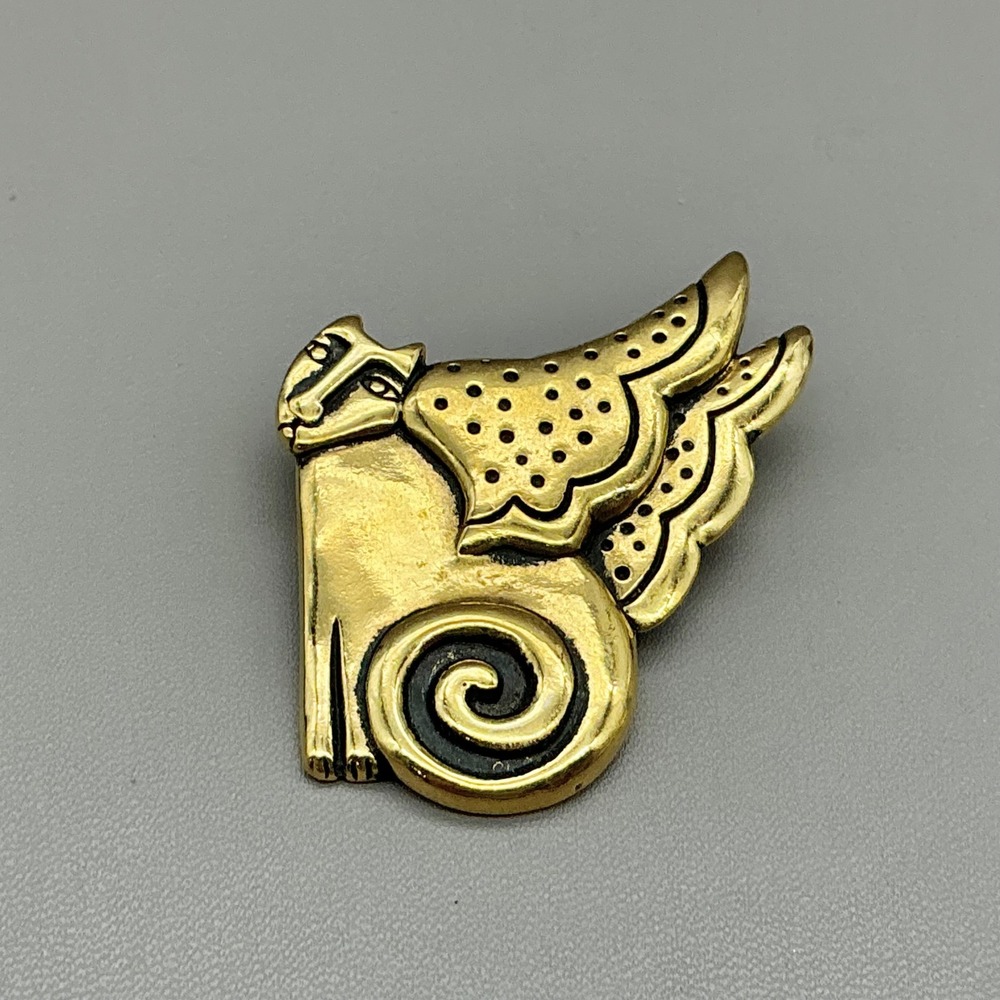Laurel Burch Brooch Women Gold Winged Cat Spotted Mythical Creature Vintage - Picture 2 of 7